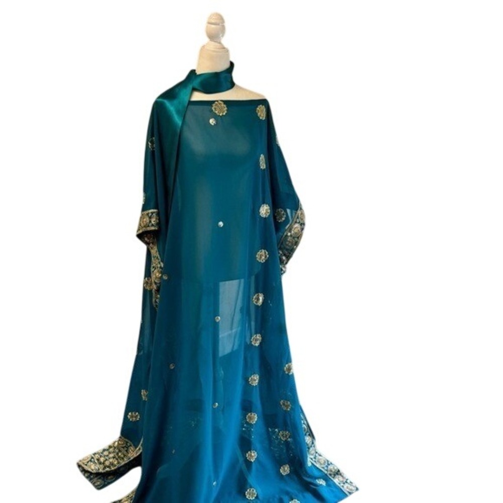 Teal Blue Sheer Chiffon Kaftan Gold Embroidered Formal Gown with Belt
